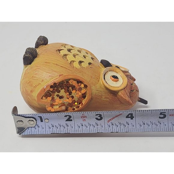 Wood Owl Figurine Pear Shaped With Stem Hand Painted Carved Orange Glitter Wings - Picture 9 of 9